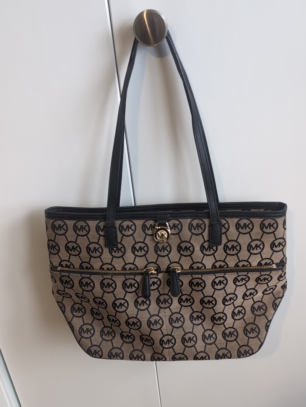 Michael Kors Brown and Black Signature MK Tote with Front Zip Pocket